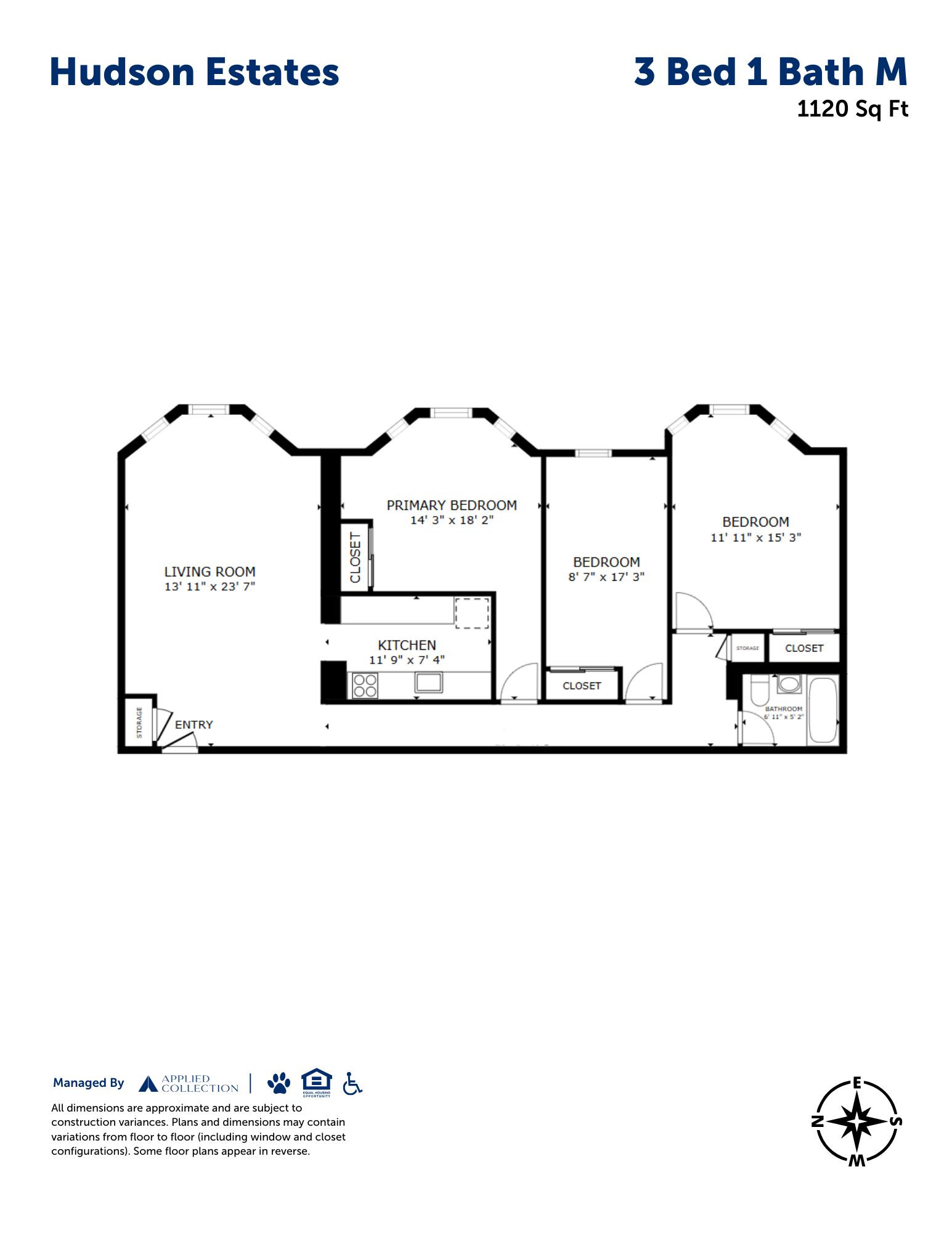 Floor plan for 3 beds, 1 bath, 1120 sqft